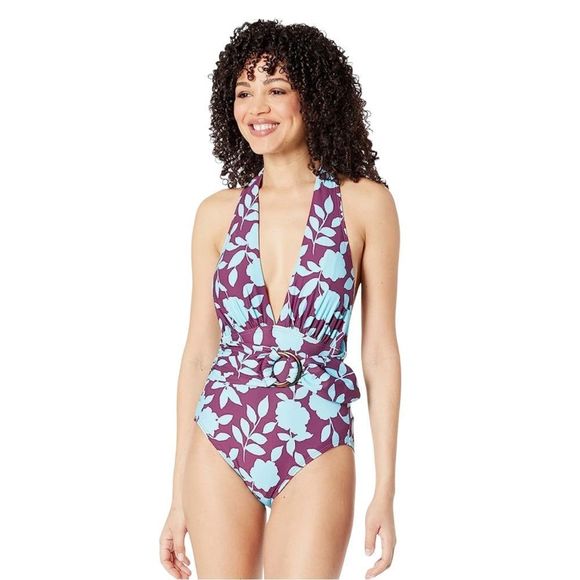 ☀️☀️☀️ Kate Spade Geranium Grove Belted Plunge Halter One Piece - Picture 6 of 9